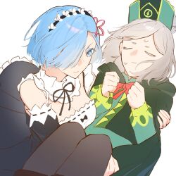  1boy 1girl blue_hair bow breasts carrying carrying_person clenched_hands closed_eyes closed_mouth commentary_request curryudon0 expressionless grey_hair hat headdress highres light_frown looking_ahead maid otto_suewen re:zero_kara_hajimeru_isekai_seikatsu red_bow rem_(re:zero) reverse_princess_carry small_breasts sweatdrop thai_commentary 