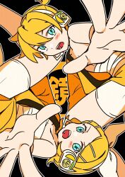  1boy 1girl aqua_eyes blonde_hair blush_stickers bow brother_and_sister chest_sarashi commentary_request foreshortening gekokujou_(vocaloid) hadanugi_dousa hair_between_eyes hair_bow hair_ornament hairclip headphones headset highres japanese_clothes kagamine_len kagamine_rin kimono looking_at_viewer midriff_sarashi open_clothes open_kimono open_mouth outstretched_hand parallel_hairclips ponytail reaching reaching_towards_viewer rotational_symmetry sarashi short_hair short_ponytail shorts siblings single_bare_shoulder swept_bangs tentekomen twins vocaloid white_bow white_shorts yellow_kimono 
