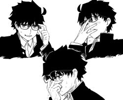  1boy adjusting_eyewear ahoge blush crying flustered gakuran glasses hair_between_eyes hand_on_own_face male_focus messy_hair metarogu monochrome profile sad school_uniform short_hair souya_high_school_uniform sweat tohno_shiki tsukihime tsukihime_(remake) 