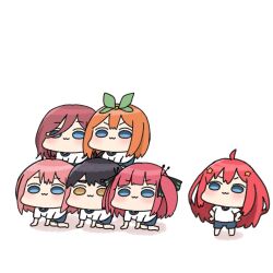  1boy 5girls ahoge akino_ell all_fours black_hair black_ribbon blue_eyes blue_shorts brown_eyes brown_hair commentary_request go-toubun_no_hanayome green_ribbon gym_shirt gym_shorts gym_uniform hair_ornament hair_over_one_eye hair_ribbon long_hair multiple_girls nakano_ichika nakano_itsuki nakano_miku nakano_nino nakano_yotsuba orange_hair pink_hair purple_hair red_hair ribbon shadow shirt short_eyebrows shorts simple_background star_(symbol) star_hair_ornament thick_eyebrows two_side_up uesugi_fuutarou v-shaped_eyebrows very_long_hair white_background white_shirt 