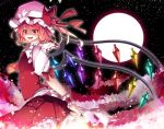  1girl aru16 ascot blonde_hair bow flandre_scarlet full_moon hat hat_bow highres moon red_eyes red_moon sash solo touhou wings wrist_cuffs 