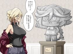  1girl :d armpit_crease black_shirt blonde_hair blue_eyes bob_cut breasts carol_malus_dienheim chibi commentary_request denim double-parted_bangs frown hair_between_eyes hand_on_own_hip highres jacket jacket_partially_removed kanmiya_shinobu large_breasts long_hair long_sleeves mole mole_under_eye open_mouth outstretched_arm pedestal plaque pointing pointing_forward purple_jacket senki_zesshou_symphogear shirt sleeveless sleeveless_shirt smile speech_bubble statue translation_request upper_body wallpaper_(object) 
