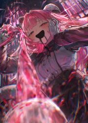  1girl absurdres alcohol animal_ears asymmetrical_horns backward-facing_horns bell bell_bow black_liquid black_mouth blush bottle bow bowtie commentary cross_in_eye cup demon_girl drooling femme_soule goat_horns hair_intakes hand_on_own_face happy heart heterochromia highres horns kouchanthree liquid liquid_from_mouth long_hair looking_at_viewer mismatched_horns notched_ear open_mouth pink_eyes pink_hair pink_liquid pouring pukey_goddess_shot_trick saliva solo 