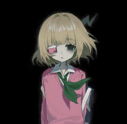 1girl black_background blonde_hair collared_shirt commentary green_neckerchief hayu_(hayu0305) looking_at_viewer neckerchief one_eye_covered pink_sweater ruru_(shinsei_kamattechan) shinsei_kamattechan shirt solo sweater untranslatable_commentary upper_body 