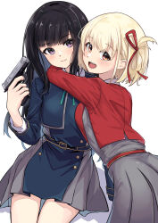  2girls absurdres andaan_(an_iota_of) belt black_hair blonde_hair blue_belt blue_dress blue_ribbon bob_cut commentary_request dress grey_dress hair_ribbon highres inoue_takina lycoris_recoil lycoris_uniform multiple_girls nishikigi_chisato pleated_dress red_belt red_dress red_eyes red_ribbon ribbon smile two-tone_dress violet_eyes yuri 