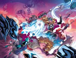  4girls 6+boys adoptive_siblings aged_up armor artist_collaboration atli_wodendottir axe beard beta_ray_bill blonde_hair breastplate brothers cape character_request colored_skin comic_cover commentary cover cover_page english_commentary facial_hair fake_horns father_and_child father_and_daughter floating_hair frigg_wodendottir goat grandfather_and_granddaughter grey_helmet hammer hela_(marvel) helmet holding holding_axe holding_hammer holding_weapon horned_headwear horns jane_foster lightning loki_(marvel) long_hair looking_at_viewer marvel matt_wilson mjolnir_(marvel) multiple_boys multiple_girls multiple_persona muscular muscular_female muscular_male official_alternate_costume official_art open_mouth orange_facial_hair orange_skin parent_and_child pelt power_connection red_cape riding russell_dauterman sharp_teeth short_hair siblings sisters smile stormbreaker teeth textless_cover_page textless_version thor_(jane_foster) thor_(marvel) thor_(marvel)_(series) throg_(marvel) time_paradox toothgnasher toothgrinder trait_connection uncle_and_niece volstagg weapon western_comics_(style) white_facial_hair winged_helmet 