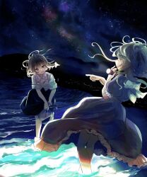  2girls :d ^_^ beach black_skirt blonde_hair blush bow brown_eyes brown_hair closed_eyes collared_shirt commentary_request dress dress_bow frilled_dress frilled_sleeves frills hair_bow highres leg_up maribel_hearn medium_hair minus_(sr_mineka) missing_headwear multiple_girls night open_mouth puffy_short_sleeves puffy_sleeves purple_dress shirt short_sleeves sideways_mouth skirt sky smile standing star_(sky) starry_sky touhou usami_renko water wet wet_clothes white_bow white_shirt 