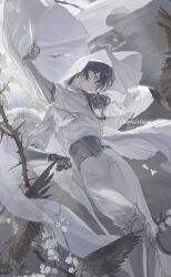  1other absurdres armor bird black_hair blue_eyes chinese_commentary closed_mouth commentary_request commission cropped dagger faulds flower gauntlets genzaw hagoromo highres holding holding_dagger holding_knife holding_weapon knife looking_down looking_to_the_side on_tree original outdoors pauldrons robe shawl shoulder_armor solo thorns tree vambraces weapon white_flower white_robe white_shawl 