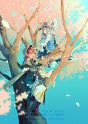  2girls :d absurdres armor black_boots black_hat blue_eyes blue_jacket blue_sky blue_vest boots cape falling_petals flower full_body gauntlets grey_eyes grey_hair hair_ornament hands_up hat helmet highres in_tree jacket long_skirt looking_at_viewer looking_up marsha_(reverse:1999) multiple_girls official_alternate_costume open_mouth petals purple_flower red_hair reverse:1999 sentinel_(reverse:1999) shirt shoulder_armor sitting sitting_in_tree sitting_on_branch skirt sky smile tn_kn1000 tree vest watermark white_cape white_shirt white_skirt 