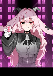 1girl animal_ears arm_behind_back bar_(place) bell black_bow black_bowtie black_eyes black_jacket black_skirt bow bowtie breasts cropped_jacket cross-shaped_pupils cup femme_soule gloves goat_ears goat_girl goat_horns grey_shirt hair_intakes heterochromia highres holding holding_cup horns jacket light_blush long_hair looking_at_viewer medium_breasts neck_bell parted_lips pink_hair pukey_goddess_shot_trick red_eyes sari_(zakura27502762) shirt sidelocks skirt smile solo symbol-shaped_pupils upper_body white_gloves 