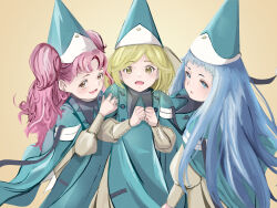  35-77 3girls absurdres blonde_hair blue_eyes blue_hair brown_eyes cloak coco_(tongari_boushi_no_atelier) hat highres long_hair looking_at_viewer multiple_girls pink_hair qifrey's_atelier_apprentice_uniform richeh_(tongari_boushi_no_atelier) short_hair tetia_(tongari_boushi_no_atelier) tongari_boushi_no_atelier twintails wizard_hat yellow_eyes 