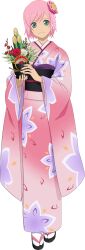  1girl artist_request bamboo closed_mouth estellise_sidos_heurassein estellise_sidos_heurassein_(kimono) floral_print floral_print_kimono flower full_body game_asset green_eyes hair_flower hair_ornament highres holding_vase japanese_clothes kimono looking_at_viewer official_alternate_costume official_art pink_hair pink_kimono pink_sandals print_kimono red_flower red_rose rose sandals short_hair simple_background smile socks solo standing tales_of_(series) tales_of_asteria tales_of_vesperia third-party_source transparent_background white_flower white_rose white_socks 