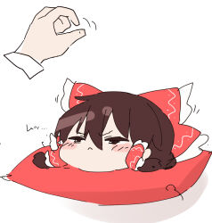  1girl 1other blush bow brown_eyes brown_hair closed_mouth commentary_request cushion disembodied_hand expressive_clothes frilled_bow frilled_hair_tubes frills hair_bow hair_tubes hakurei_reimu long_hair pout psuke red_bow smile touhou translation_request yukkuri_shiteitte_ne zabuton 