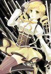  beret blonde_hair boots corset detached_sleeves drill_hair fingerless_gloves gloves gun hat highres magical_musket mahou_shoujo_madoka_magica modoromi puffy_sleeves rifle solo thigh-highs thighhighs tomoe_mami weapon yellow_eyes zettai_ryouiki 