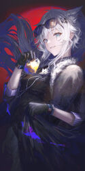  1girl animal_ears arknights black_gloves chain commentary_request cowboy_shot cup drinking_glass extra_ears eyewear_on_head floating_hair fur_trim gloves grin hair_ornament hairclip highres holding holding_cup lappland_(arknights) lappland_the_decadenza_(arknights) lappland_the_decadenza_(unruly_humbleness)_(arknights) long_hair looking_at_viewer moose_(moosu193) official_alternate_costume scar_across_eyes sidelocks smile solo sunglasses white_hair wolf_ears wolf_girl 
