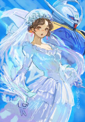  1girl 2026 bob_cut bride brown_eyes brown_hair commentary_request dated dress earrings gloves gundam highres jewelry looking_at_viewer mecha mobile_suit okrdisk2000 open_mouth robot science_fiction signature sochie_heim turn_a_gundam turn_a_gundam_(mobile_suit) v-fin wedding_dress 