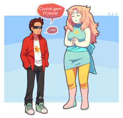  1boy 1girl alternate_breast_size_(larger) alternate_species buck_dewey closed_eyes closed_mouth dav-19 forehead_jewel full_body gem_(steven_universe) lips long_hair orange_hair pearl_(steven_universe) speech_bubble steven_universe sunglasses 