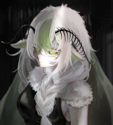  1girl absurdres antennae arthropod_girl black_background black_leotard black_sclera braid breasts closed_mouth colored_sclera colored_skin extra_arms green_eyes green_hair hair_between_eyes highres indie_virtual_youtuber insect_wings juniper_actias juniper_actias_(space_invader) leotard long_hair looking_at_viewer monster_girl moth_antennae moth_girl moth_wings mu_mutong neck_fur solo twin_braids virtual_youtuber white_hair white_skin wings 