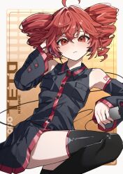  1girl abstract_background ahoge armpits bare_shoulders black_shirt black_thighhighs blush border breast_pocket buttons cable character_name commentary_request detached_sleeves dot_nose drill_hair hair_between_eyes hair_intakes highres holding holding_phone kasane_teto kasane_teto_(utau) leg_up looking_at_viewer mnemo_(mnemorikriyairo) number_tattoo phone pleated_skirt pocket red_eyes red_hair red_trim shirt shoulder_tattoo sidelocks skirt sleeveless sleeveless_shirt solo tattoo thigh-highs twin_drills utau white_border wing_collar zettai_ryouiki 