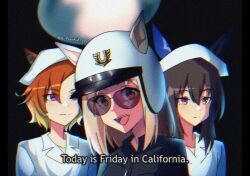  3girls admire_vega_(umamusume) animal_ears blonde_hair breasts brown_hair ear_covers english_text hair_between_eyes hat highres horse_ears horse_girl long_hair long_sleeves looking_at_viewer meme multiple_girls narita_top_road_(umamusume) ninja_sentai_kakuranger nurse nurse_cap open_mouth orange_hair parody police police_hat police_uniform policewoman ponytail shirt short_hair single_ear_cover smile sunglasses super_sentai t.m._opera_o_(umamusume) the_freakin_yui today_is_friday_in_california_(meme) umamusume violet_eyes 