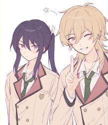  2boys ;d absurdres black_hair black_trim blonde_hair breast_pocket brown_eyes buttons chinese_commentary closed_mouth collared_shirt commentary_request contrast_lapels dated_commentary double-breasted double-parted_bangs doui ensemble_stars! green_necktie hair_between_eyes hakaze_kaoru highres jacket kanzaki_souma lapels long_hair long_sleeves looking_at_viewer loose_necktie male_focus multiple_boys necktie notched_lapels one_eye_closed open_mouth pocket ponytail school_uniform shirt sidelocks simple_background smile tsurime violet_eyes w white_background white_shirt wolf_cut yellow_jacket 