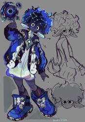  1girl afro animal_ears artist_name ass astrology black_eyes black_socks blue_hoodie body_freckles bumblesteak coat colbalt constellation dark-skinned_female dark_skin deer_tail english_text freckles grey_background greyscale highres hood hoodie looking_at_viewer monochrome non-web_source original pointy_ears shirt shoes simple_background socks solo tail tongue white_shirt 