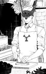  1boy closed_mouth collared_shirt commentary cooking digimon dukemon english_commentary eve7d6 greyscale highres humanization long_hair male_focus medieval monochrome shirt simple_background sleeves_rolled_up solo tavern toned toned_male veins veiny_hands white_hair white_shirt 
