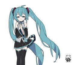  1girl ahoge artist_name bare_shoulders belt black_skirt black_thighhighs blue_eyes blue_hair blue_necktie blush breast_pocket colored_eyebrows detached_sleeves grey_shirt hatsune_miku headset highres interlocked_fingers light_smile long_hair looking_at_viewer low_twintails miku_day necktie number_tattoo own_hands_together parted_bangs pleated_skirt pocket shirt signature single_sleeve_past_wrist skirt sleeveless sleeveless_shirt square_hair_ornament tattoo thigh-highs tie_clip twintails two-tone_belt very_long_hair vocaloid white_background wide_sleeves yagidon zettai_ryouiki 