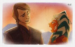  1boy 1girl ahsoka_tano alien anakin_skywalker arvala_7 border brown_hair closed_eyes colored_skin highres looking_at_another open_mouth orange_skin outside_border short_hair star_wars star_wars:_the_clone_wars_(2008_tv_series) togruta upper_body white_border 