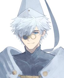  1boy absurdres closed_mouth conical_hat hat highres light_smile looking_at_viewer male_focus northystary portrait qifrey_(tongari_boushi_no_atelier) short_hair simple_background solo tongari_boushi_no_atelier white_background white_hair wizard_hat 