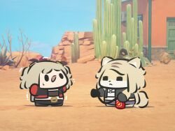  2girls aiming burnice_white cactus chibi desert game_screenshot_background hands_up highres holding_fire_extinguisher multiple_girls outdoors pulchra_fellini scared screenshot_background shaking sky superappleman sweatdrop tree tumbleweed zenless_zone_zero 