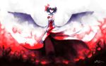  alternate_costume bat_wings blood dress hair_ribbon highres large_wings no_hat no_headwear red red_eyes remilia_scarlet ribbon short_hair smile solo tan_(carbon) touhou vampire wings 