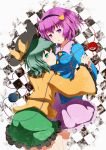  checkered checkered_background green_eyes green_hair hairband hand_holding hands_clasped hat heart heart_of_string highres holding_hands interlocked_fingers komeiji_koishi komeiji_satori multiple_girls namine0079 purple_eyes purple_hair short_hair siblings sisters skirt smile third_eye touhou violet_eyes 