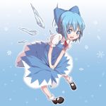  blue_eyes blue_hair blush bow chika_(orange_pop) cirno dress hair_bow highres ice mary_janes open_mouth pigeon-toed pigeon_toed shoes short_hair smile snowflakes solo touhou wings 