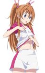  cure_melody cure_rhythm houjou_hibiki midriff navel no_bra open_mouth precure ribonzu shirt_lift simple_background skirt suite_precure sweat two_side_up 