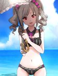  1girl bare_shoulders beach bikini black_bikini black_gloves clouds drill_hair gloves hair_ribbon idolmaster idolmaster_cinderella_girls ikemarth111 kanzaki_ranko long_hair looking_at_viewer navel ocean open_mouth red_eyes ribbon silver_hair single_glove smile solo swimsuit twin_drills twintails umbrella water 