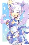  aono_miki blue_eyes boots brooch choker cure_berry curly_hair dress earrings fresh_precure! hairband hand_on_hip heart hips jewelry long_hair magical_girl midriff open_mouth payot ponytail precure purple_hair rim1010 smile solo sparkle wink wrist_cuffs 