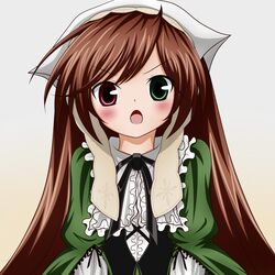  :o blush bow brown_hair dress frills green_eyes hairband heterochromia long_hair open_mouth red_eyes rozen_maiden solo suiseiseki taka_light 