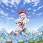  blue_hair blurry closed_eyes depth_of_field dress eyes_closed flower flower_field hat kamishirasawa_keine long_hair open_mouth petals shinoasa sky smile solo touhou 