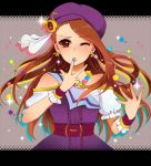  beret brown_hair dress hat idolmaster idolmaster_2 long_hair masaki_(celesta) minase_iori nail_polish red_eyes ryuuguu_komachi wink 