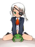  bottomless braid eyepatch frog green_eyes nakamura_tetsuya navel original short_hair silver_hair solo translated twin_braids twintails 