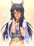  animal_ears black_hair blush breasts cape cleavage closed_eyes dark_skin eyes_closed gloves hand_on_cheek hand_on_own_cheek hand_on_own_face long_hair pixiv_fantasia pixiv_fantasia_5 smile solo tears tsuki_to_kage tsuki_tokage 