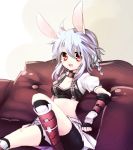  bad_id bike_shorts blue_hair boots braid breasts bunny_(trickster) bunny_ears fingerless_gloves gloves hetaling midriff open_mouth red_eyes shin_(hetaling) short_hair sitting skirt solo trickster 