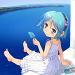  blue_hair copyright_request dress eating feet hairband meow_(nekodenki) popsicle sitting solo sundress water 