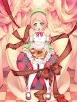  beret blush bow candy chocolate detached_sleeves frills green_eyes hair_ornament hairclip hat highres long_hair momone_momo open_mouth pink_hair sitting smile solo stiitng thigh-highs thighhighs utau yumeno_mikan 