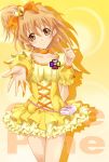  blonde_hair bow brown_eyes brown_hair character_name choker cure_pine earrings fresh_precure! fresh_pretty_cure! hair_ornament hair_ribbon hairpin heart highres jewelry kojikoji magical_girl outstretched_hand precure pretty_cure ribbon short_hair short_ponytail skirt smile solo wrist_cuffs yamabuki_inori 