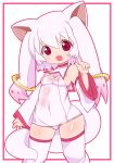  bad_id breasts bunny_ears cat_ears detached_sleeves fang genderswap kyubey kyuubee long_hair mahou_shoujo_madoka_magica personification pink_eyes pink_hair red_eyes school_swimsuit short_hair sideboob swimsuit tail thigh-highs thighhighs white_school_swimsuit youri19 