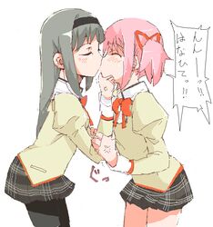  akemi_homura anger_vein black_hair chinchilla forced hairband kaname_madoka kiss long_hair mahou_shoujo_madoka_magica multiple_girls pantyhose pink_hair school_uniform short_hair short_twintails translated twintails yuri 