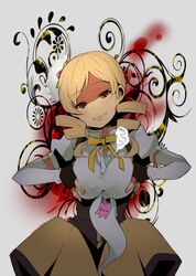  blonde_hair breast_squeeze breasts detached_sleeves drill_hair fingerless_gloves gloves highres kyubey kyuubee long_hair mahou_shoujo_madoka_magica meno tomoe_mami twin_drills yellow_eyes 