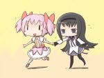  :d akemi_homura black_hair blush chibi hairband hand_holding holding_hands kaname_madoka long_hair magical_girl mahou_shoujo_madoka_magica multiple_girls open_mouth pantyhose pink_hair rif running short_hair simple_background smile twintails wide_face wideface |_| 